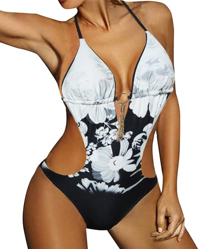 JFAN Costumi da Bagno Interi Donna Trikini Costume da Mare Spiaggia Piscina Sexy Costume da Bagno Intero Donna con Push-up Imbottitura, S -Fiore