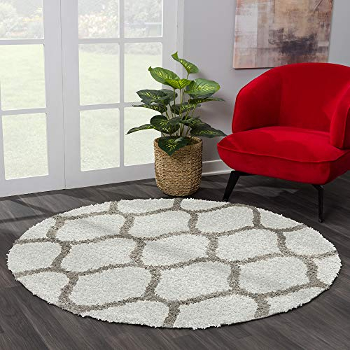 SANAT Madrid Shaggy Teppich Rund - Hochflor Teppiche für Wohnzimmer, Schlafzimmer, Küche - Morocco Creme, Größe: 120 cm