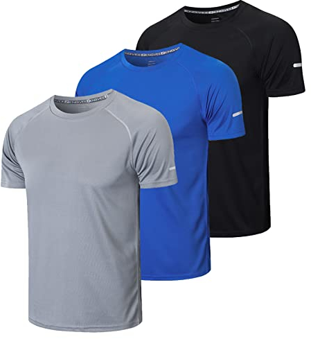 Gaiatiger 3 Pack Mens T-Shirts Quick Dry Work Moisture Wicking Active Athletic Running Tops Short Sleeve Clothes(520)-Black Grey Blue-L