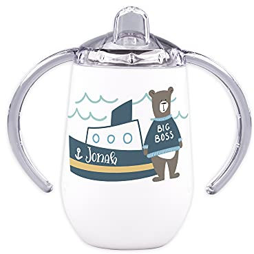 GRAZDesign Trinklernbecher mit Griff mit Namen, Kleinkinder Baby Jungen, Bär Kapitän Schiff, auslaufsicher aus Edelstahl, BPA-frei, 300ml