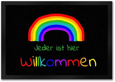 Regenbogen Fußmatte in 35x50 cm mit Spruch - Jeder ist Hier Willkommen LGBTQ als schöne Geschenkidee für Freunde die keinerlei Vorurteile gegenüber Menschen haben und für die Jede