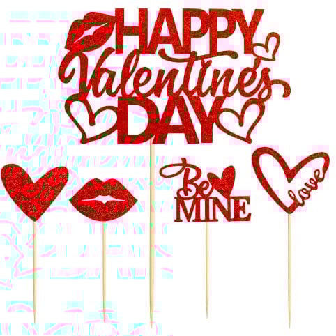 Blumomon 25Pcs Red Glitter Happy Valentine's Day Cake Toppers Valentine Cupcake Toppers Love Heart Cake Decoration Picks for Wedding Love Valentine Party Cake Decoration Party Supplies
