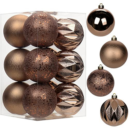 8CM Weihnachtskugeln Ornamente Glitze, 12 PCS bruchsicher Weihnachten Kugeln, Kunststoff Weihnachten Kugeln, Hängen Christbaumkugel Braun fur Weihnachtsbaum Neujahr Ornamente