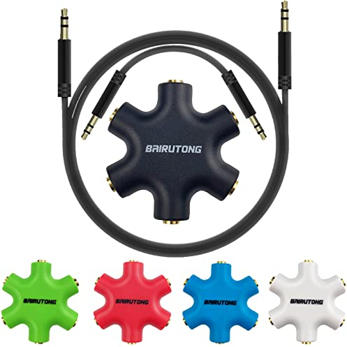 BAIRUTONG 5-Jack Multi Headphone Audio Splitter, 5-Pack with 3.5mm Stereo Cable (20cm & 100cm), Supports Smartphones, Tablets, Laptops, MP3 Players, and Other Devices with 3.5mm Auxiliary Port