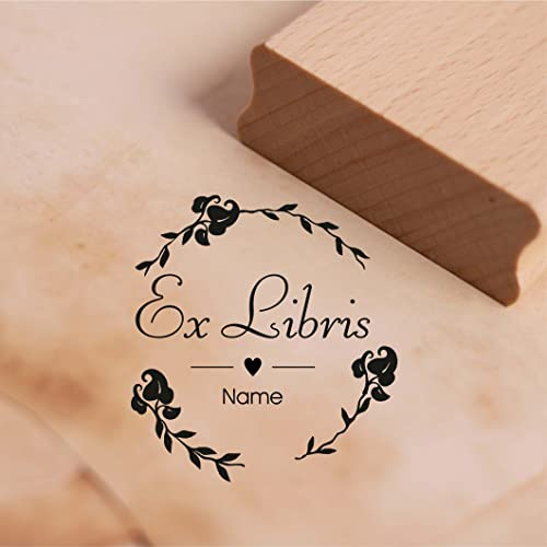 Motivstempel Ex Libris Stempel mit Name - Vintage Kranz - Holzstempel Buch Bücherstempel - 48 x 48 mm