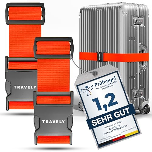 Travely® Premium Koffergurt - Besonders Auffällig & Sicher - Inkl. 2 Namensschildern - Gepäckband ideal über Kreuz - [2er Set] - Orange