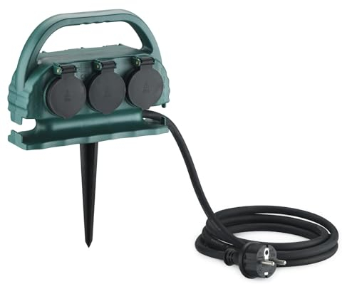 Gartensteckdose 6-Fach IP44 mit Tragegriff und Erdspieß, wasserfeste Außensteckdose mit H07RN-F Gummi Kabel Outdoor 6 x Steckdose Garten Stromverteiler (10m,grün)