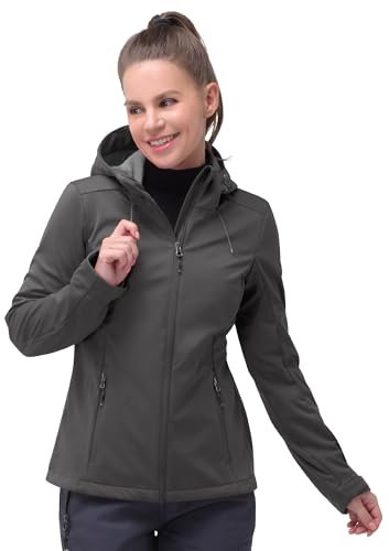 33,000ft Damen Softshelljacke Wasserdichte Winddichte Funktionsjacke Atmungsaktive Übergangsjacke Leichte Fahhradjacke mit Kapuze Windbreaker zum Laufen, Radfahren, Wandern,Grau 40