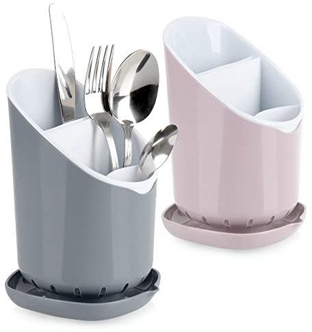 com-four® 2x panier égouttoir à couverts - porte-ustensiles de cuisine en plastique - panier à couverts avec cloison amovible - porte-cuillère en bois - va au lave-vaisselle (2 pièces - gris/rose)