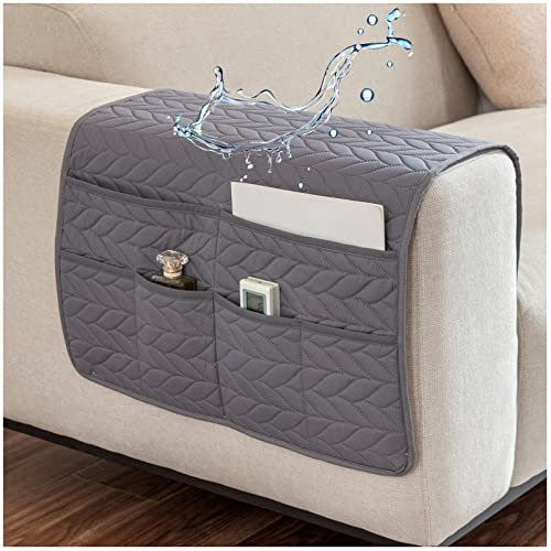 AWAV Organiseur pour Canapé et Fauteuil Imperméable et Antidérapant Sofa Accoudoir 6 Poches Support Organisateur de Chevet pour Tablette, téléphone, Tablette, Livre, télécommande TV (Gris Foncé)