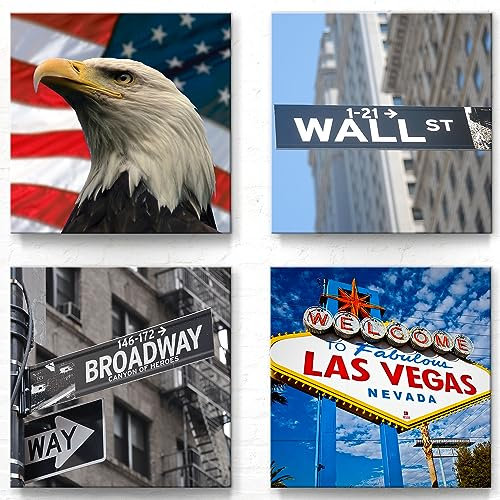 Moderne Deko Bilder für Wohnung und Büro als Leinwandbilder im 4er Set A - 40x40cm je Wandbild. Das Bilder-Set A mit USA Motiven wird aufhängefertig an Sie versandt