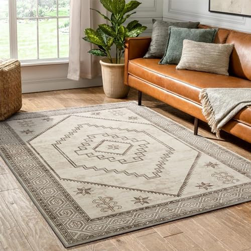 Hafaa Machine Washable Bedside Small Rug 40x60 cm - Soft Short Pile Beige Area Rugs For Bedroom Entrway Non Slip Floor Carpet Traditional Vintage Design Cashmere Door Mat For Kitchen Bathroom, Radiant