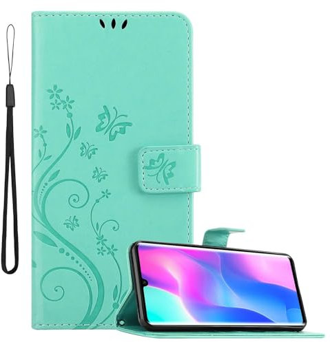 Cadorabo Hülle kompatibel mit Xiaomi Mi Note 10 LITE Blumen Design aus Premium Kunst Leder Flip Klappbare Stoßfeste Magnetische [Standfunktion] [Kartenfächern] Cover Case Tasche in Türkis
