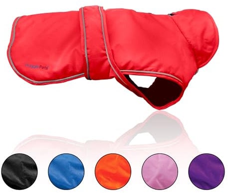 Hugglepets Arctic Armour Waterproof Thermal Dog Coat - Red (Medium 40cm) Reflective Microfleece-Lined Coat for Medium Dogs with Adjustable Hook & Loop Fastening & Zipper for Harness or Collar.