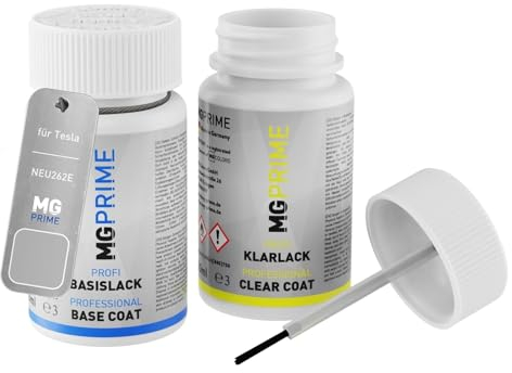 MG PRIME Autolack Lackstift Set für Tesla NEU262E / PN00 Quicksilver/Crashsilber Metallic Basislack Klarlack je 50ml