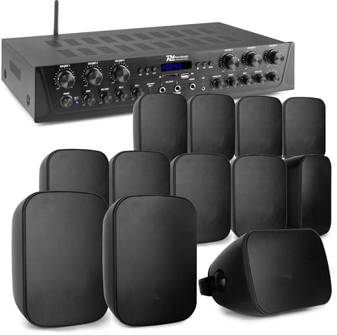 Power Dynamics 6-Zonen Lautsprecher System für Büro, Gastro, Zuhause - komplettes Soundsystem 4Ohm - 1x Verstärker MP3 Bluetooth, 12x Lautsprecher, OBE, 120 Watt, In-Outdoor, wetterfest - Schwarz