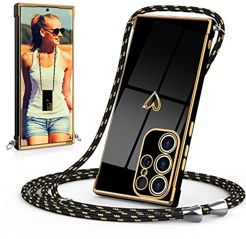Togestar Handykette Hülle für Samsung Galaxy S24 Ultra Handyhülle mit Band, Kameraschutz Herz Love Design 360 Grad Stoßfeste Schutzhülle Silikon TPU mit Kordel zum Umhängen, Schwarz