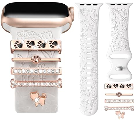 CeMiKa Cinghie con Incisione Floreale Compatibile con Cinturino Apple Watch 42mm 44mm 45mm 49mm per Donne, Cinturino in Silicone & Charms Decorativi per iWatch Series 9 8 7 6 5 4 3 2 1 SE Ultra