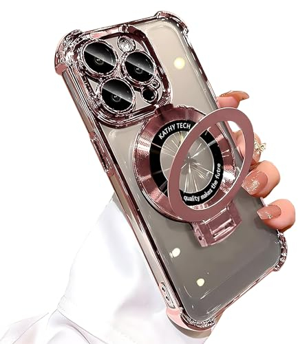 Emlivi iPhone 15 Pro Max Klar Hülle Kompatibel mit Mag-Safe,Galvanisierte Magnetisch Handyhülle Ring Ständer,Transparent Kameraschutz TPU Case Cover,Vier Ecken Anti-Fall Schutzhülle,Rosa