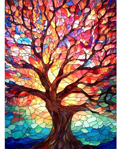 Pujeknm Malen Nach Zahlen Erwachsene Baum-DIY Buntes Glas Handgemalt Ölgemälde Kit für Anfänger,Mit 3-Pinseln und Acrylfarbe Handgemalt öLgemäLde Kit Als Geschenk 30x40cm(Rahmenlos)
