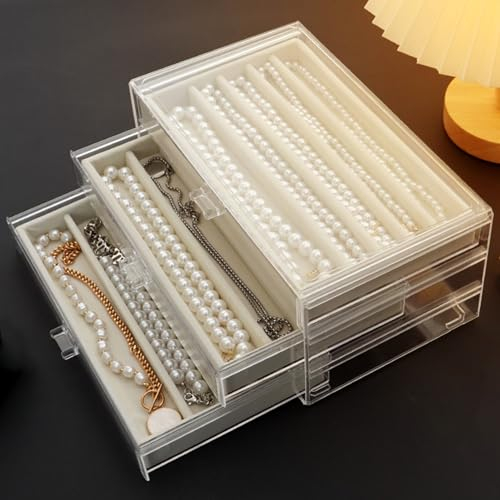 Jinavoty Halskette Aufbewahrungsbox, Acryl Halskette Veranstalter Box mit Samt Tablett, staubdicht Halsketten Halter Display Case für Frauen und Mädchen (Beige, 3 Drawers)
