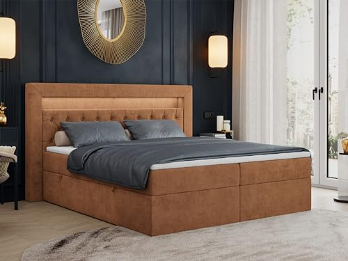 MKS MEBLE Boxspringbett 180x200 mit Led, Polsterbett 180x200 mit LED Kopfteil - Multipocket-Matratze H4 - Doppelbett mit Bettkasten Stauraumbett - Gold-6 - Orange Struktur