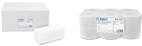 Funny Papierhandtücher Hochweiss, Zellstoff, ZZ/V-Falz, 4000 Stück im Karton, 24,5 x 22 cm 2 lagig & Jumbo - Toilettenpapier 2 lagig, hochweiß, Durchmesser circa 18 cm, 1er Pack (1 x 12 Stück)