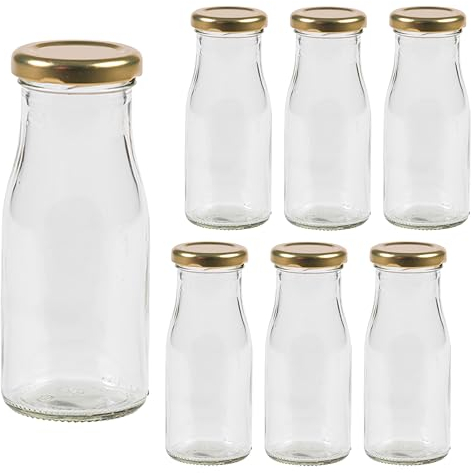 Vitrea 6 botellas de cristal vacías de 150 ml, tapón de rosca, color dorado, para leche, zumo, botellas pequeñas para llenar con tapa, para leche, zumo, batidos, aceite, 6 unidades, TO43, Epi