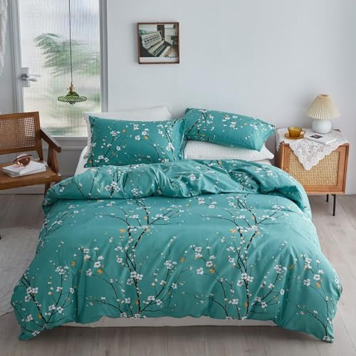 Freyamy Blumen Bettwäsche 135x200cm 2teilig Blau Pflaumenblüten Zweig Elegante Bettwaren-Sets Gebürstet Microfaser Weiche Bettwäsche Mädchen Bettbezug mit Reißverschluss und Kissenbezug 80x80cm
