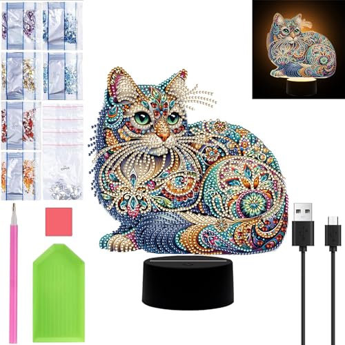 Starnearby DIY Diamond Painting Katzen Deko, 5D Diamant Painting Kreative Nachtlicht Bastelset Diamantmalerei Kunst Set, Ornamente Geschenke für Anfänger Hausgeschenk Deko für Mädchen
