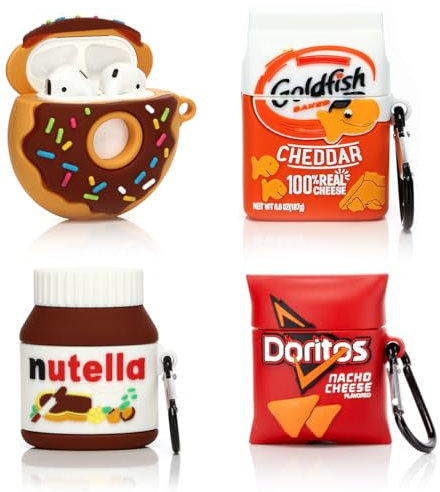 (4Pack) Case for AirPods 2nd/1st Generation(2019/2016) Earbuds, XMBYGY Silicone Case Protective Cover with Cute Cartoon Skin Design for AirPods 1/2, with Carabiner (DOR+GOD+Dounts+Nutella)