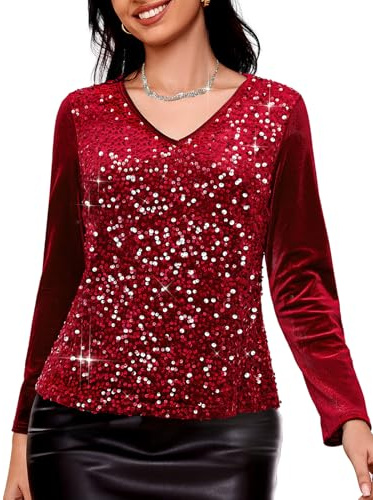 DRESSTELLS Womens Burgundy Sequin Party Tops, Long Sleeve Glitter Velvet Wedding V-Neck Slim Shirts, Sparkly Peplum Formal Holiday Vintage Blouse Burgundy M