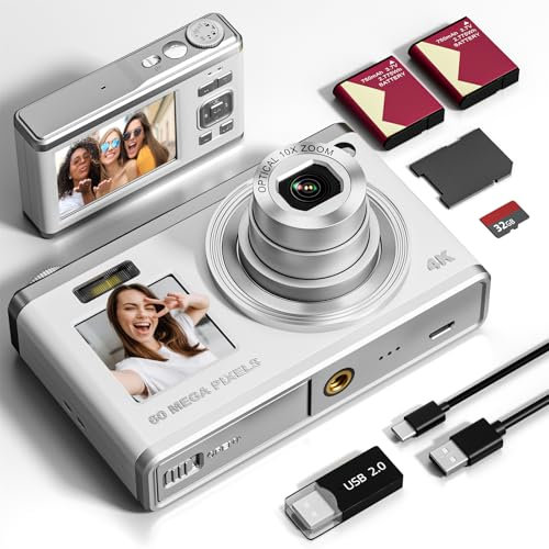 NBD 60MP Digital Camera for Photography, 4K Video Camera with Selfie Assist Screen, 16x Optical Zoom, Camera for Beginners with Selfie Assist Screen, 32GB SD Card Included (Dark) (White)