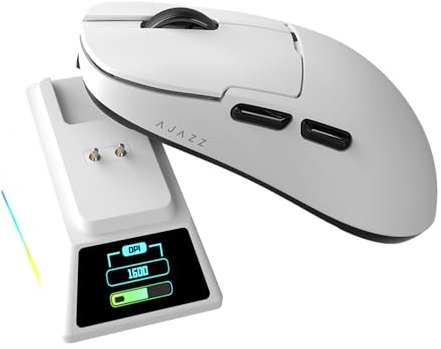 AJAZZ AJ159 APEX Wireless Gaming Mouse with RGB Magnetic Charging Base, Lightweight 56 Gram Design, 2.4G/USB-C/BT, 400 mAh Battery, 42K DPI, 8000Hz Response Rate, Compatible with PC and Mac, White