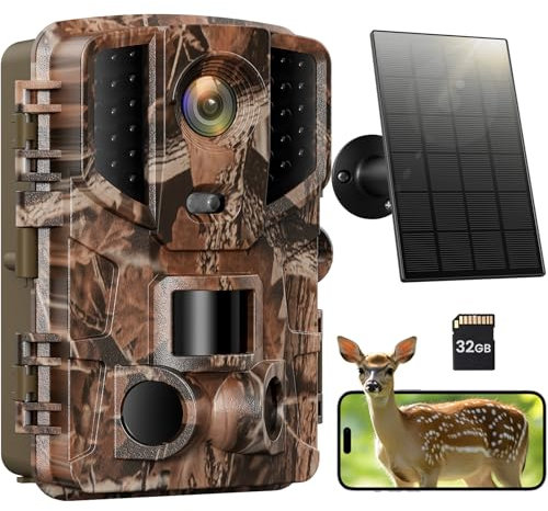 Solareye Wildlife Camera WiFi Bluetooth - 4K 64MP Solar Trail Camera With Night Vision Activated Waterproof IP66,5000mAh Built-in Lithium Battery Rechargeable for Garden Monitoring (UK)