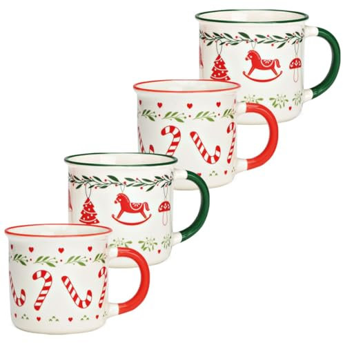 Weihnachtstassen 4er Set Porzellan mit Zuckerstangen Motiv - 350 ml Kaffeetassen mit festlichen Motiven in Rot und Grün Ø 9 x 13 cm cm - Tassen ideal für Kaffee, Tee oder Glühwein