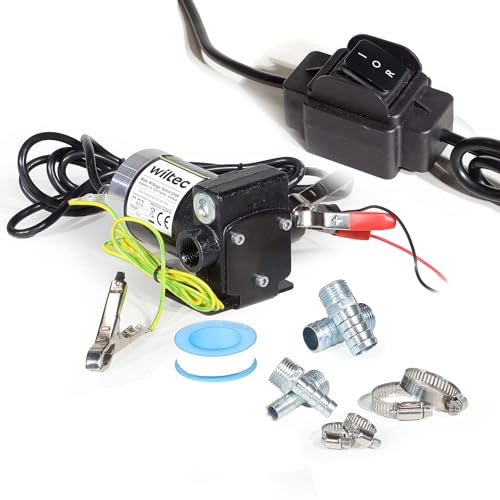 Wiltec Pompe de transfert essence et diesel – pompe 75 W – débit 14 l/min – refoulement max. 6 m, aspiration max. 1,5 m – Transvasement vide fût
