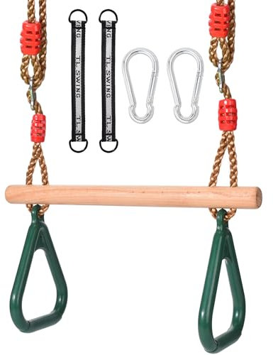 Morwealth Multifunktions Kinderholz Trapeze Schaukel mit Kunststoffringen Turnringe Ringe zum Aufhängen belastbar bis 120KG für Innen und Außenbereich (Dunkelgrün)