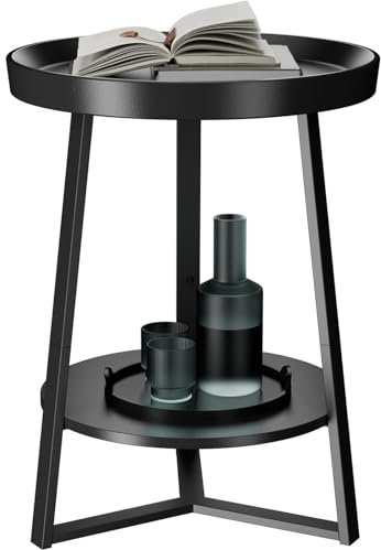 HOME BI Round End Table with Storage Shelf, 2 Tier Farmhouse Circle Side Table Nightstand for Living Room, Bedroom,Black Wood Grain
