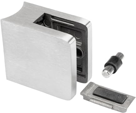 PRIOstahl Glashalter Glasklemmen Klemmhalter Glasplattenhalter - 1 Stück Größe: 45 x 45 x 26 mm mit Sicherungsstift & Sicherungsplatte Anschluss: Ø42,4 mm - für Glas 6 mm aus Edelstahl V2A