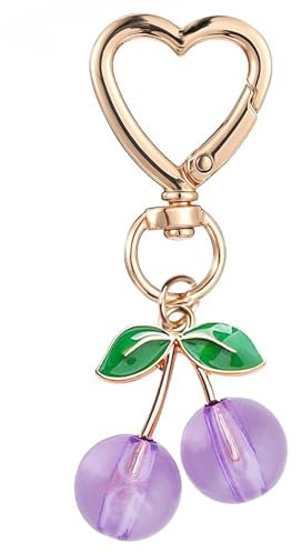 Kinretixia Süßer Kirsch-Schlüsselanhänger, Kawaii Kirsch-Taschen-Geldbörsen-Anhänger für Frauen, süßer ästhetischer Y2K-Schlüsselanhänger, Kirsch-Anhänger für Autoschlüssel Lila