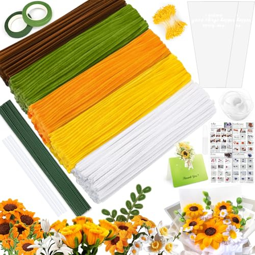 CYJJYZ Kit Limpiapipas, 450 Pcs Alambre de Chenillas, Limpiadores de Pipas, con Tallos de Flores, Estambres, Cinta, Rollo de Papel de Embalaje etc, Limpiapipas Manualidades de Ramo de Girasol