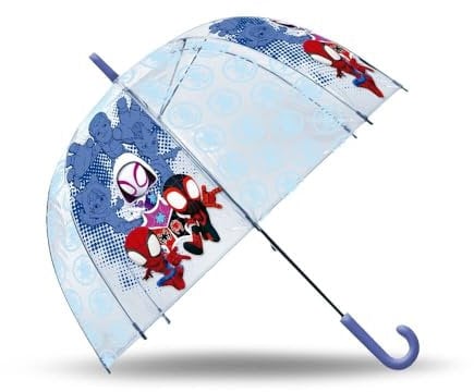 Marvel Spidey Kids Umbrella 75cm, Transparent PVC Dome, Lightweight, Windproof, Rain & Sun Protection, Boys 3-7 Years, Durable, Portable, J Handle