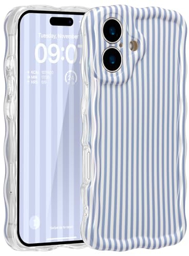 ZCDAYE for iPhone 16 Case Wavy Edge Phone Case Blue Stripes | Cute Pretty Aethetic Pattern Printed Women Girly Cases, Full Camera Protection, Comfy Soft Phone Cover for iPhone 16