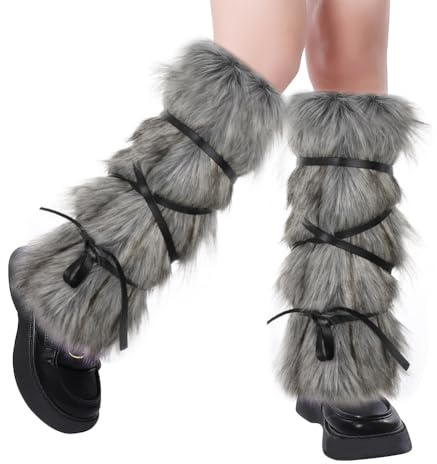 Women Faux Fur Leg Warmers Knee High Socks Warm Viking Boot Stocking Shoes Cuff Covers Medieval Plush Leg Warmer with Strap Winter Boot Covers Furry Long Socks for Halloween Christmas Cosplay Costume