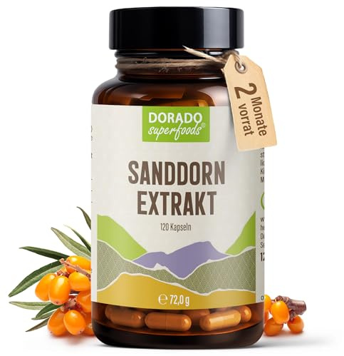Sanddorn Extrakt Kapseln Hochdosiert – 300 mg Frucht Extrakt pro Kapsel | 600 mg Tagesdosis | 30% Natürliches Vitamin C | 120 Vegane HPMC-Kapseln | 60 Tage Vorrat | Dorado Superfoods®