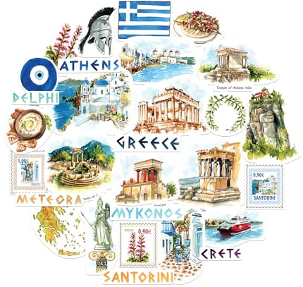 Navy Peony Idyllic Greece Statement Stickers - Hand-Illustrated Watercolour, Glossy, Waterproof - for Suitcases, Laptops, Water Bottles (29-Piece Set)