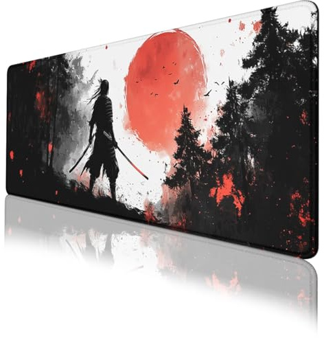 Japanese Samurai Desk Pad Ink Art Warrior Blood Moon Ninja Large Gaming Mouse Mat with Stitched Edges,Non-Slip Waterproof Rubber Base Mousepad