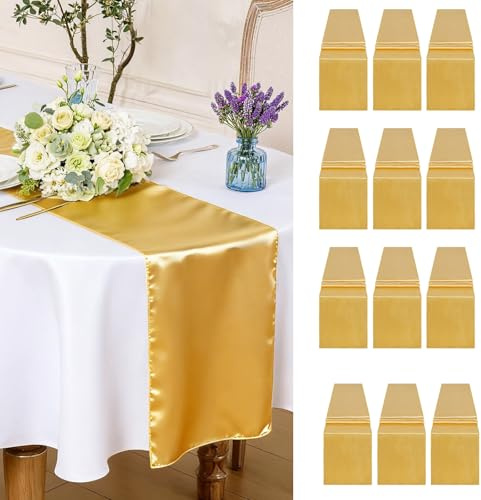 12 Stück Goldener Satin Stoff Tischläufer – 30 x 270 cm Tischband Gold für Tischdeko Hochzeit Geburtstag Party Bankett Restaurant
