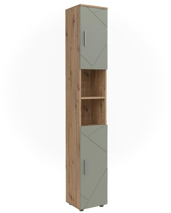 Vicco Badschrank Irma, Salbeigrün, 30 x 192 cm | Viel Stauraum von oben bis unten – ideal für Handtücher & Pflegeprodukte